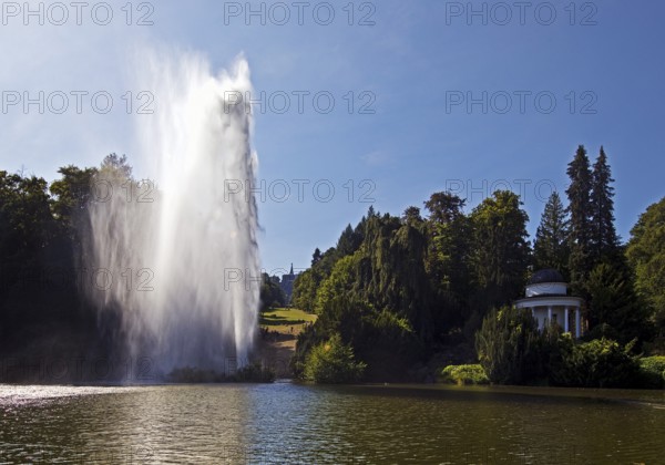 Water features at the large pond with the towering fountain, Bergpark Wilhelmshöhe, UNESCO World Heritage Site, Kassel, Hesse, Germany