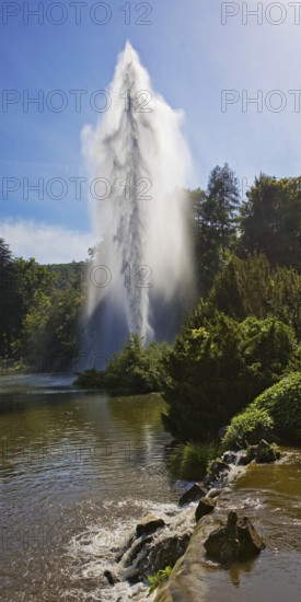 Water features at the large pond with the towering fountain, Bergpark Wilhelmshöhe, UNESCO World Heritage Site, Kassel, Hesse, Germany