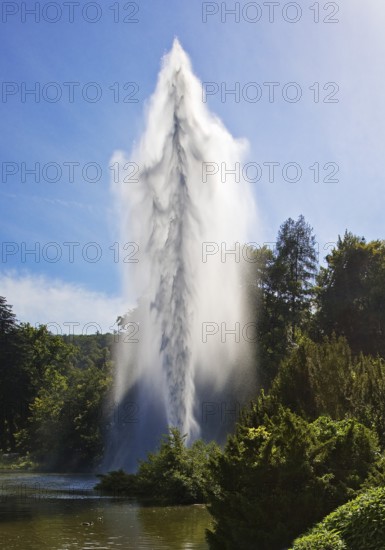 Water features at the large pond with the towering fountain, Bergpark Wilhelmshöhe, UNESCO World Heritage Site, Kassel, Hesse, Germany