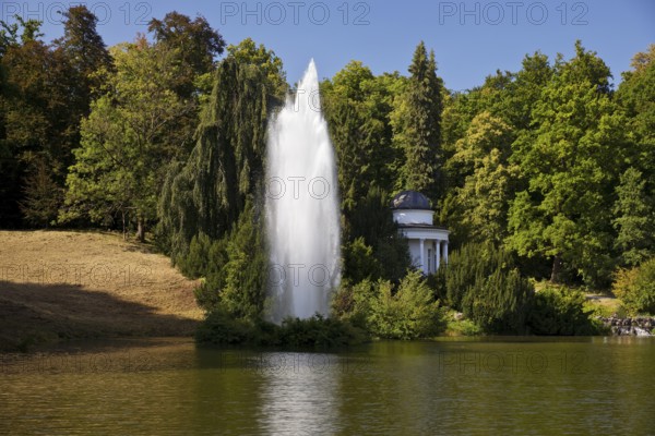 Water features at the large pond with the towering fountain, Bergpark Wilhelmshöhe, UNESCO World Heritage Site, Kassel, Hesse, Germany