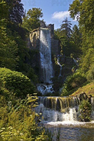Water features at the equaduct with the highest artificial waterfall in a landscaped garden, Bergpark Wilhelmshöhe, Kassel, Hesse, Germany