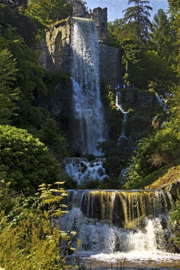 Water features at the equaduct with the highest artificial waterfall in a landscaped garden, Bergpark Wilhelmshöhe, Kassel, Hesse, Germany