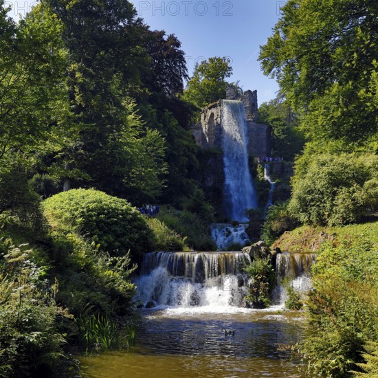 Water features at the equaduct with the highest artificial waterfall in a landscaped garden, Bergpark Wilhelmshöhe, Kassel, Hesse, Germany