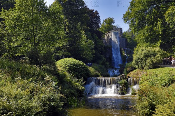 Water features at the equaduct with the highest artificial waterfall in a landscaped garden, Bergpark Wilhelmshöhe, Kassel, Hesse, Germany