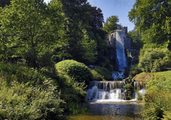 Water features at the equaduct with the highest artificial waterfall in a landscaped garden, Bergpark Wilhelmshöhe, Kassel, Hesse, Germany