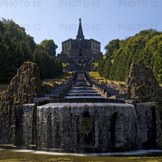 Hercules Building, Neptune Basin and Great Cascades at the trick fountains, Bergpark Wilhelmshöhe, Kassel, Hesse, Germany