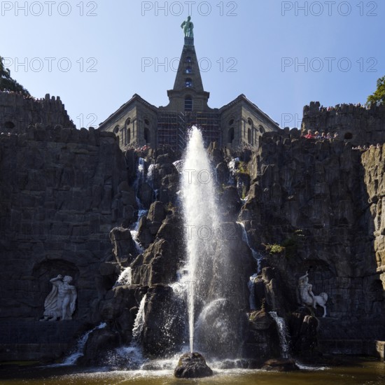 Water features with fountain, Octagon at the Hercules Building, Bergpark Wilhelmshöhe, UNESCO World Heritage Site, Kassel, Hesse, Germany