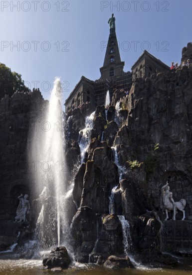 Water features with fountain, Octagon at the Hercules Building, Bergpark Wilhelmshöhe, UNESCO World Heritage Site, Kassel, Hesse, Germany