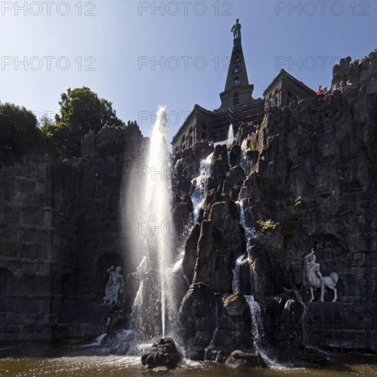 Water features with fountain, Octagon at the Hercules Building, Bergpark Wilhelmshöhe, UNESCO World Heritage Site, Kassel, Hesse, Germany