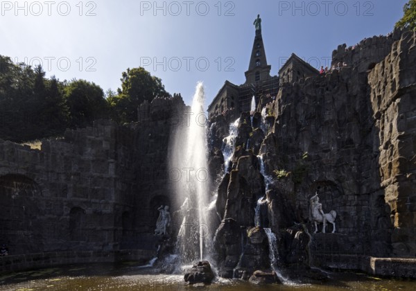 Water features with fountain, Octagon at the Hercules Building, Bergpark Wilhelmshöhe, UNESCO World Heritage Site, Kassel, Hesse, Germany