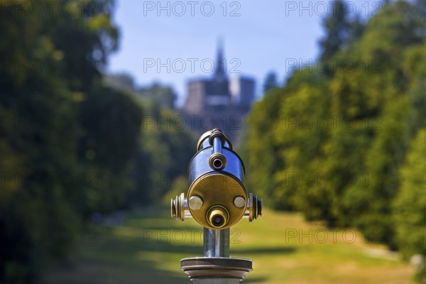 Bergpark Wilhelmshöhe, sharp, nostalgic telescope looking towards the blurred Hercules building, Kassel, Hesse, Germany
