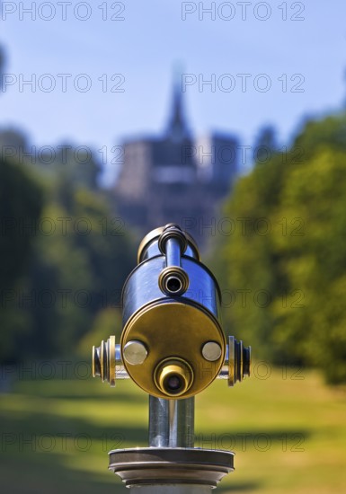 Bergpark Wilhelmshöhe, sharp, nostalgic telescope looking towards the blurred Hercules building, Kassel, Hesse, Germany