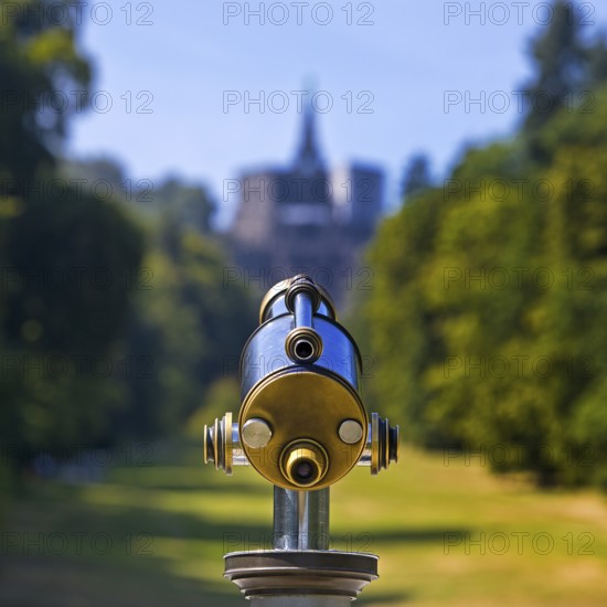 Bergpark Wilhelmshöhe, sharp, nostalgic telescope looking towards the blurred Hercules building, Kassel, Hesse, Germany