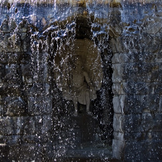 Water features at the Neptune Basin with a view of Neptune in Bergpark Wilhelmshöhe, UNESCO World Heritage Site, Kassel, Hesse, Germany