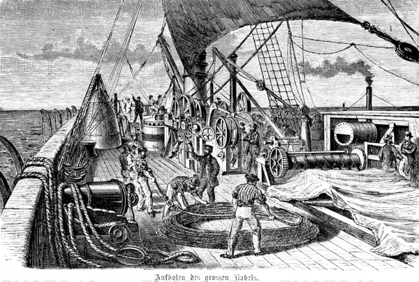 Recovering the large cable from the first failed attempt at an overseas cable from Ireland to Newfoundland, Atlantic Ocean, seabed, failure, on board the sailing ship, recovering and folding the cable, crew on deck, inventions in the 19th century, technology, telegraphy, historical illustration 1872, Germany
