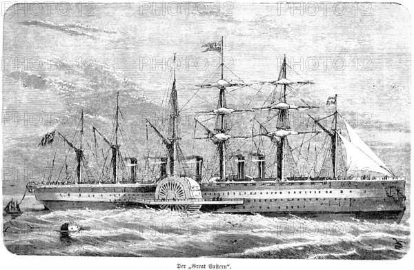 Great Eastern steamship and cable carrier, paddle steamer, four-master, five funnels, 1866 successful telegraphic connection between two continents, Valencia Spain to Newfoundland, overseas connection, overseas cable on seabed, Atlantic Ocean, inventions in the 19th century, telegraphy, technology, industry, historical illustration 1872, Germany