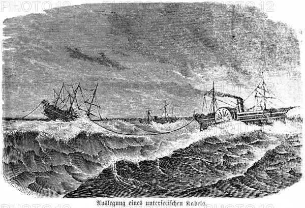 Layout of an undersea cable, 1851 first undersea cable laid between Dover and Calais, telegraphy, high swell, difficulty, paddle steamer, ocean, seabed, sea depth, inventions in the 19th century, telegraphy, technology, industry, historical illustration 1872, Germany