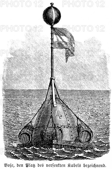 Buoy marks the course of the sunken overseas cable, watermark, identification, inventions in the 19th century, telegraphy, technology, historical illustration 1872, Germany