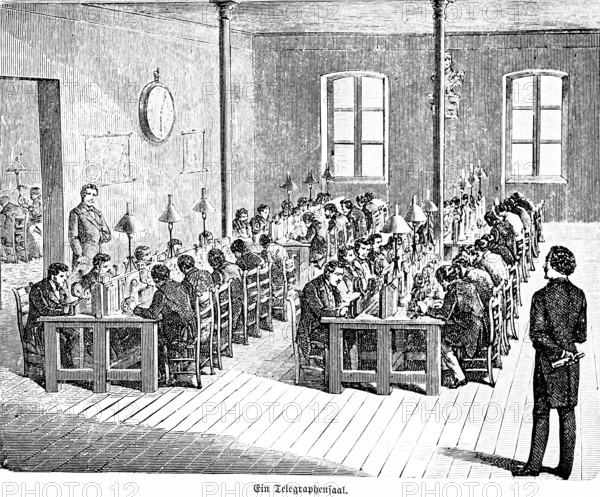 Telegraph room, Morse code writer, work, profession, many men sitting in rows, supervisor, interior, telegraphy, morse code, communication, sending and receiving, message exchange, letters, long tables, inventions in the 19th century, technology, historical illustration 1872, Germany