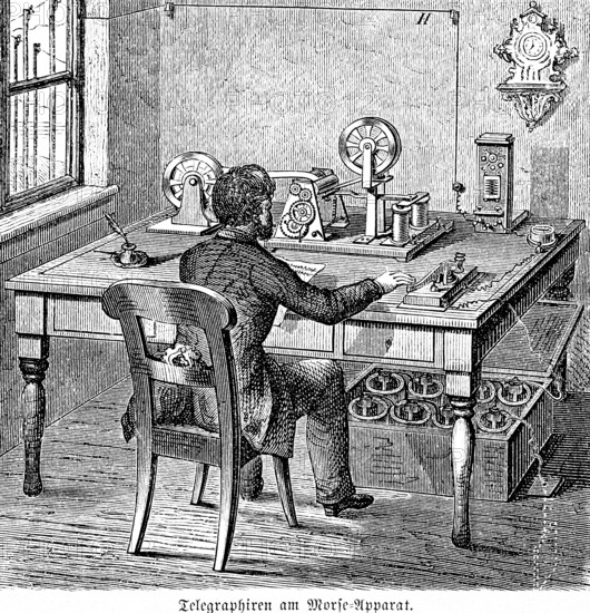 Telgraphing on the Morse code machine, writing telegraph, Morse code writer or Morse code machine, inventor Samuel Morse (1791-1872) telegraph, paper strips, characters, batteries, electromagnet, relay, angle jack, letters, Morse code, sending and receiving messages, desk, room, chair, wall clock, window, inkwell, pen, communication, inventions in the 19th century, telegraphy, technology, historical illustration 1872, Germany