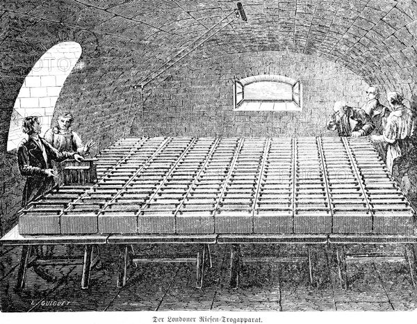 The Lodon giant trough apparatus of the chemist Davy, electroplating, electrochemistry, people, table, pairs of plates, metallic surface, cellar room, danger, porcelain boxes, refractometer, inventions in the 19th century, technology, industry, historical illustration 1872, Germany