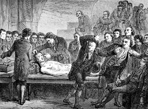 Experiments on a corpse, medicine, experiments, university, horror, science in the 19th century, technology, historical illustration 1872, Germany