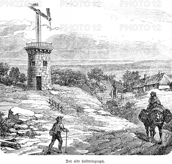The old air telegraph, optical telegraphy, or telegraphy, tower system by Claude Chappe, tower, transmission of messages, mountain, village landscape, horseman, thatched house, communication, inventions in the 18th century, technology, historical illustration 1872, Germany