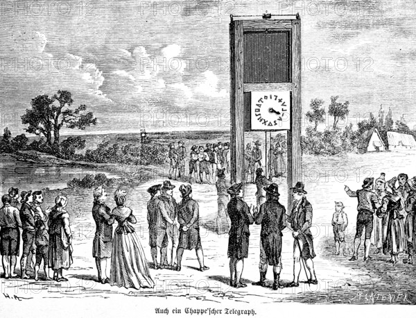 Also a telegraph by Claude Chappe, optical telegraphy or telegraphy, transmission of messages, station with clockwork, clock faces, system of numerals and signs, crowd, admiration, village landscape, communication, inventions in the 18th century, technology, historical illustration 1872, Germany