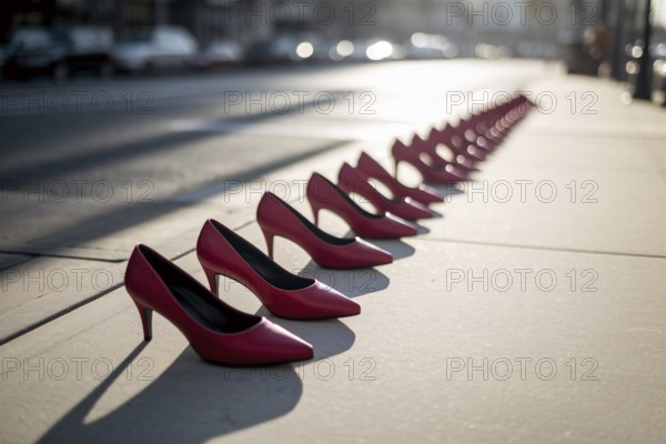 Red high heel shoes lined up on a street. Generative AI, AI generated