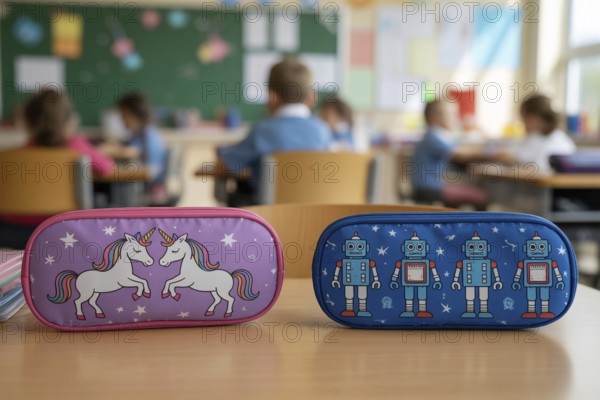 Two children's pencil cases with stereotypical gender colors and themes. Generative AI, AI generated
