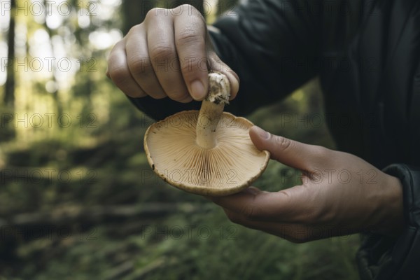 Person's hand holding wild mushroom upside down in forest with gills visible. Symbol of autumn foraging and mushroom identification. Generative AI, AI generated