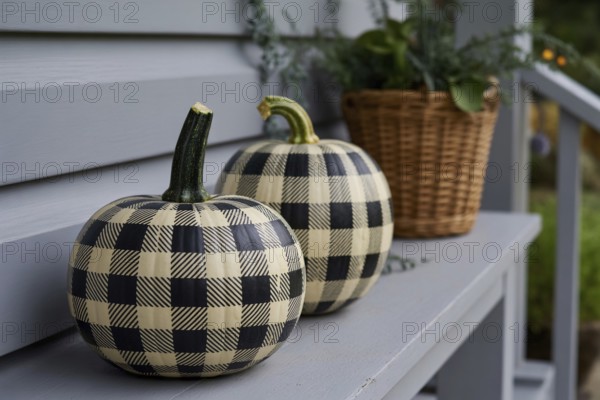 Black and white checkered painted pumpkins displayed in front of house as creative seasonal decoration. Generative AI, AI generated