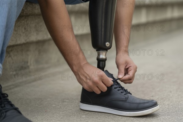 Close up of person tying shoelaces on prosthetic leg showing daily life with disability and independence. Generative Ai, AI generated