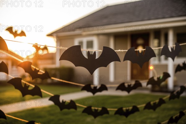Black paper bat garland decorating house exterior. Bright sunny day Halloween outdoor decoration. Generative ai, AI generated