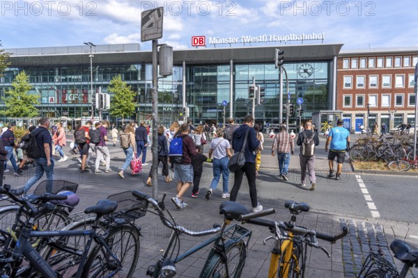 Station forecourt of the main railway station in Münster, pedestrian crossing over Bahnhofstraße, North Rhine-Westphalia, Germany