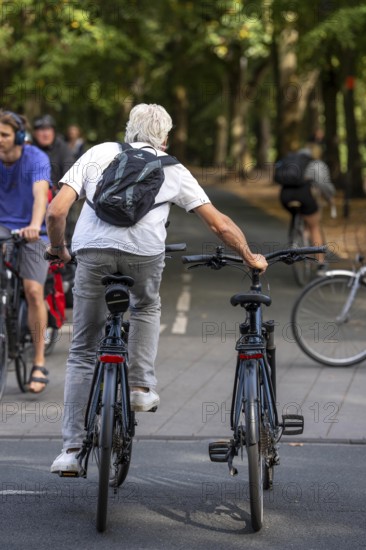 Cycle traffic in Münster, two-wheeler, Promenade cycle path, tree-lined, car-free, approximately 4.5 km long distributor ring around the city centre of Münster, dense cycle traffic, North Rhine-Westphalia, Germany