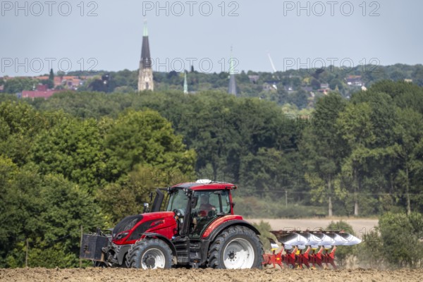 Tractor ploughs up a harvested grain field, south of Billerbeck in Münsterland, North Rhine-Westphalia, Germany