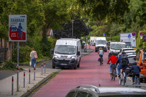 Cycling in Münster, cycle lane, Goldstraße, red asphalt and pictograms indicate to motorists that cyclists have priority, city centre of Münster, North Rhine-Westphalia, Germany