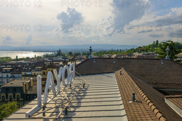 Cityscape and Lake Geneva with Mountain View in a Sunny Summer Day in Lausanne, Vaud, Switzerland