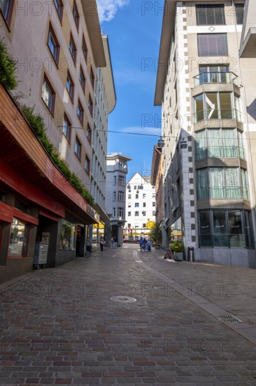 Beautiful City Street with Building and Shop with Blue Sky in a Sunny Summer Day in St Moritz, Grisons, Switzerland