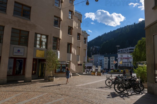 Beautiful City Street with Building and Shop with Blue Sky in a Sunny Summer Day in St Moritz, Grisons, Switzerland