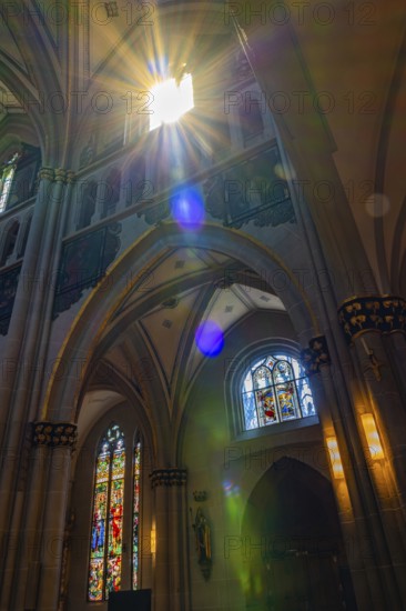 Sunbeam Inside the Cathedral in Old Town Medieval in a Sunny Summer Day in Fribourg, Canton Fribourg, Switzerland