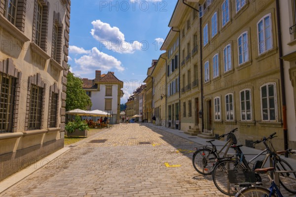Cityscape and Bicycle in a Sunny Summer Day in City of Fribourg, Canton Fribourg, Switzerland
