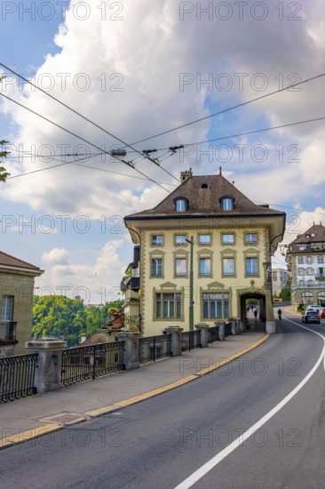 Cityscape and a Street in a Sunny Summer Day in City of Fribourg, Canton Fribourg, Switzerland
