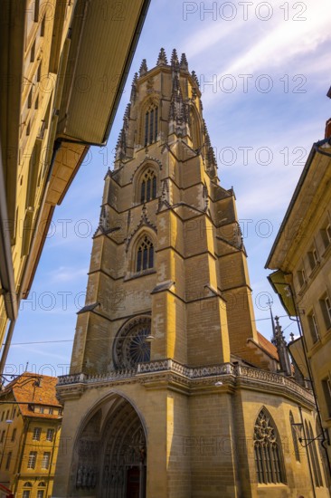 Cathedral Entrance Door and with Tower in Old Town Medieval in a Sunny Summer Day in Fribourg, Canton Fribourg, Switzerland
