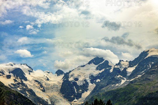 Beautiful View over the Swiss Alps with Glacier Morteratsch, Piz Bernina (4, 049 m), Piz Palü (3, 901 m), Piz Roseg (3, 937 m) and Bellavista in a Sunny Cloudy Summer Day in Pontresina, Maloja, Grisons, Switzerland