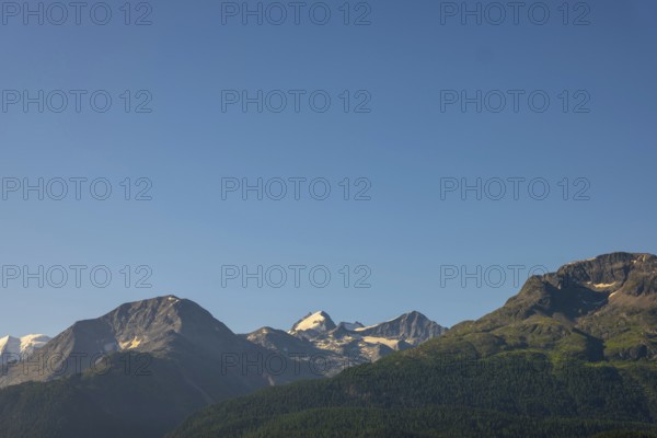 Beautiful Mountainscape with Glacier in the Swiss Alps and Blue Sky in a Sunny Summer Day in Engadine, Maloja, St Moritz, Grisons, Switzerland