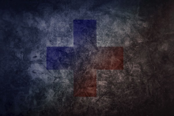 Swiss Flag with Cross and with Red and Blue Colors on an Old Background in Switzerland