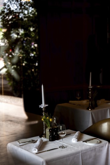 Beautiful Romantic Restaurant with Window Reflection and Table and Chair in City of Bern, Canton Bern, Switzerland