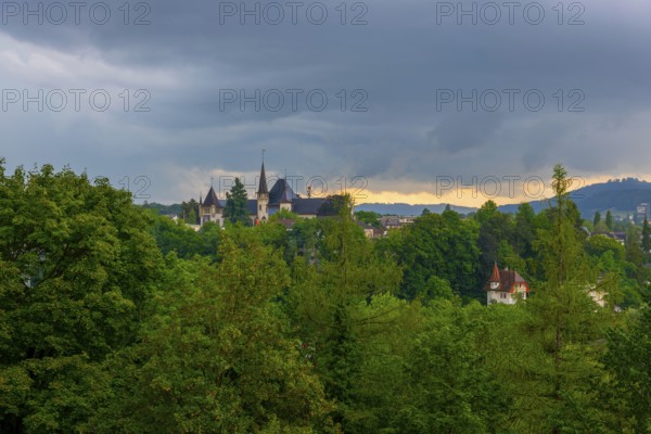 Beautiful House with Tower in the Forest in a Rainy Day with Overcast Sky in City of Bern, Canton Bern, Switzerland